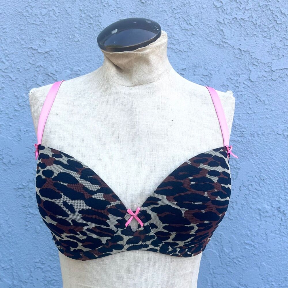 Betsey Johnson Push Up Bra Leopard Pink Bow Underwire 34D y2k